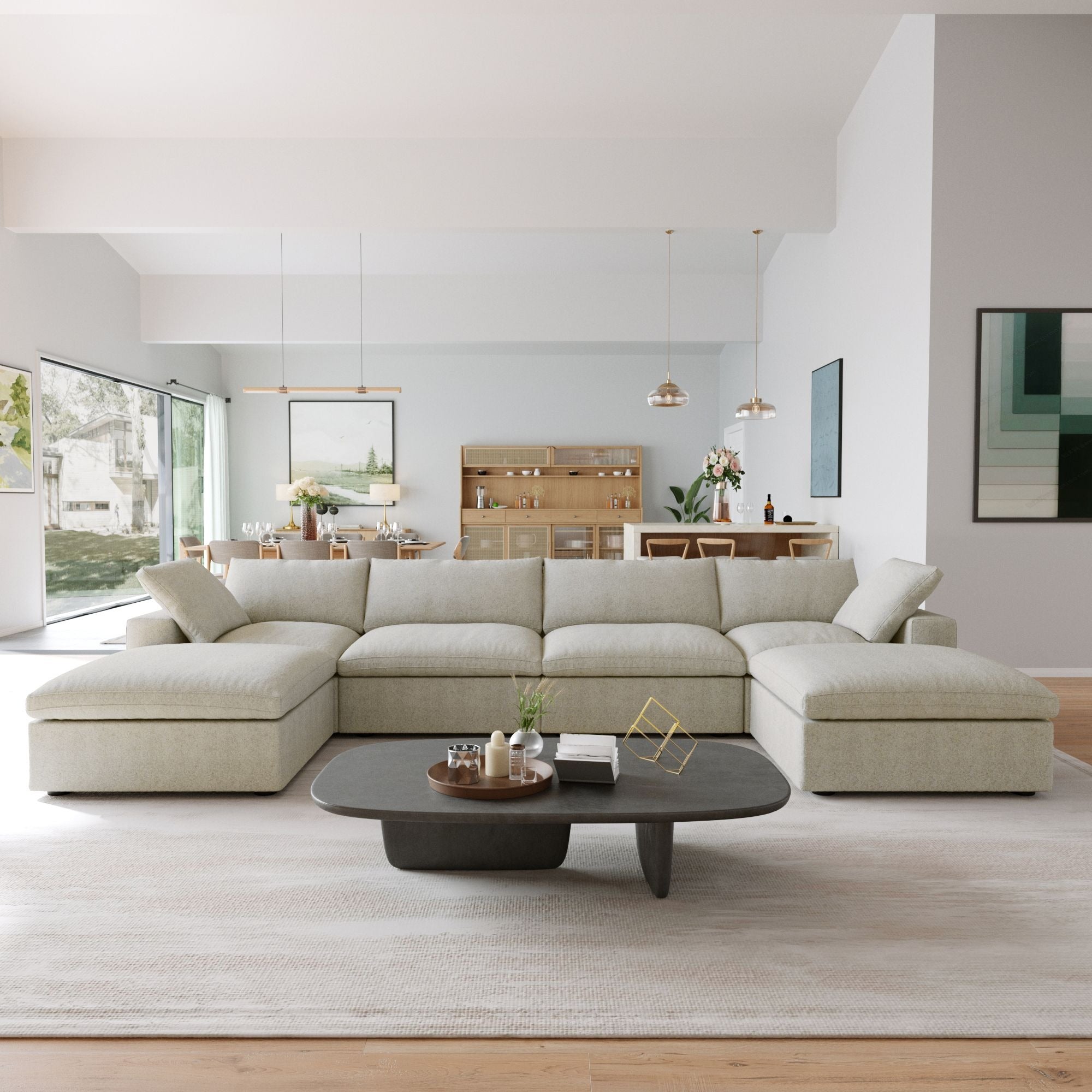 Modern living room with a khaki U-shaped sectional sofa and a coffee table.