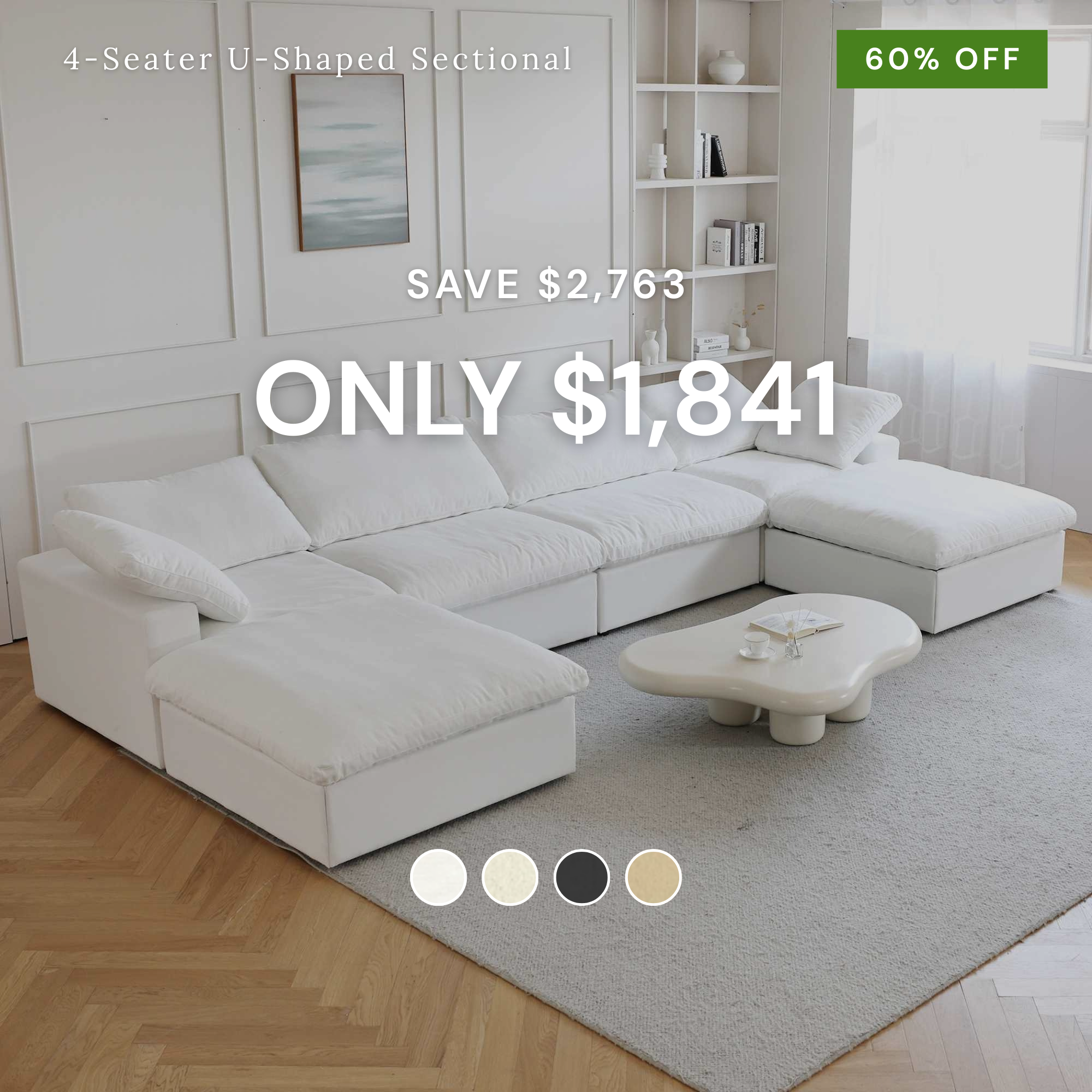 White U-shaped sectional sofa in a modern living room with color swatches and promotional text.