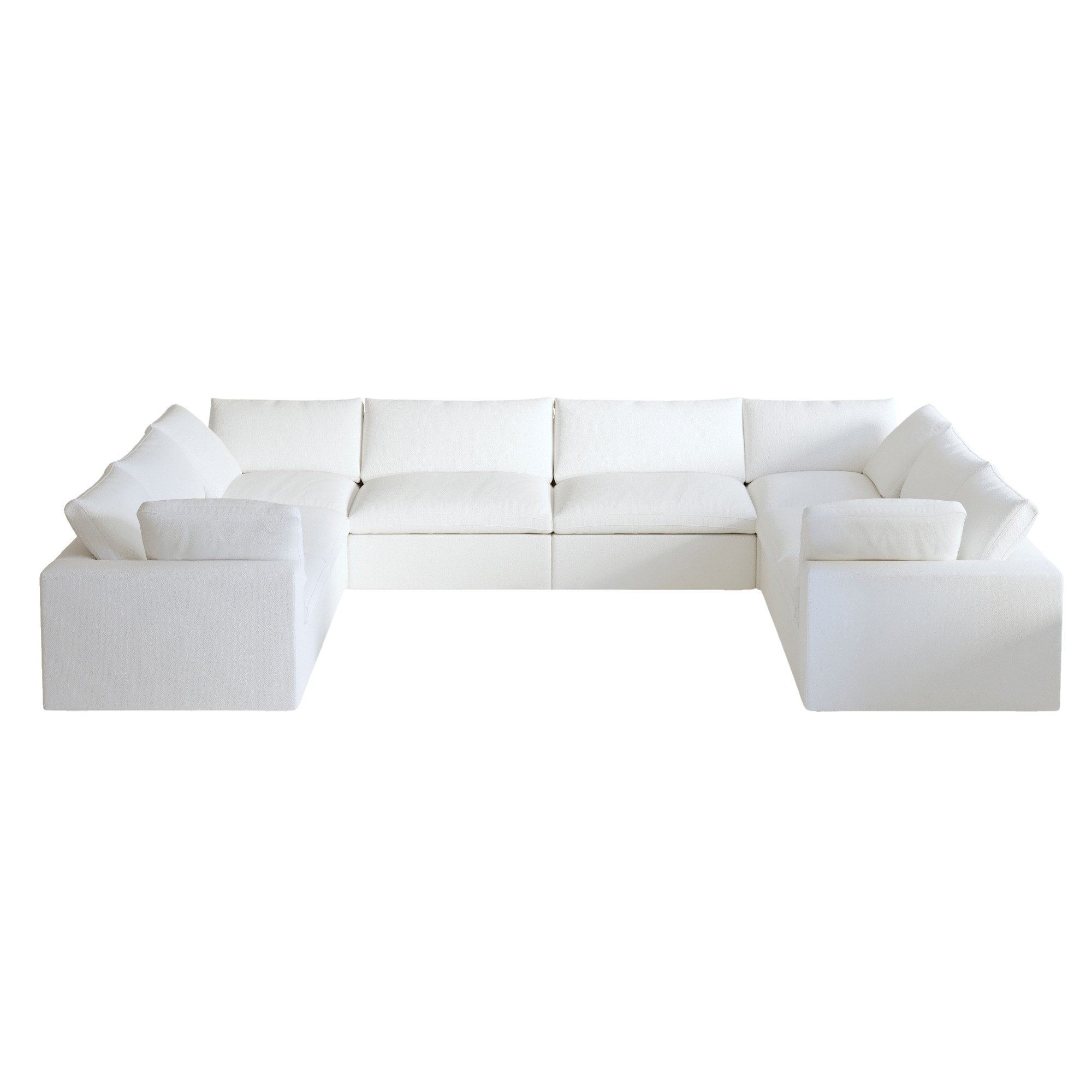 White modular 8-seat pit-style sofa on a white background