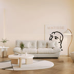 An 89-inch beige microfiber suede sofa with a solid hardwood frame, presented in a living room setting with minimalistic decor, including a 'Matisse' art print on the wall.