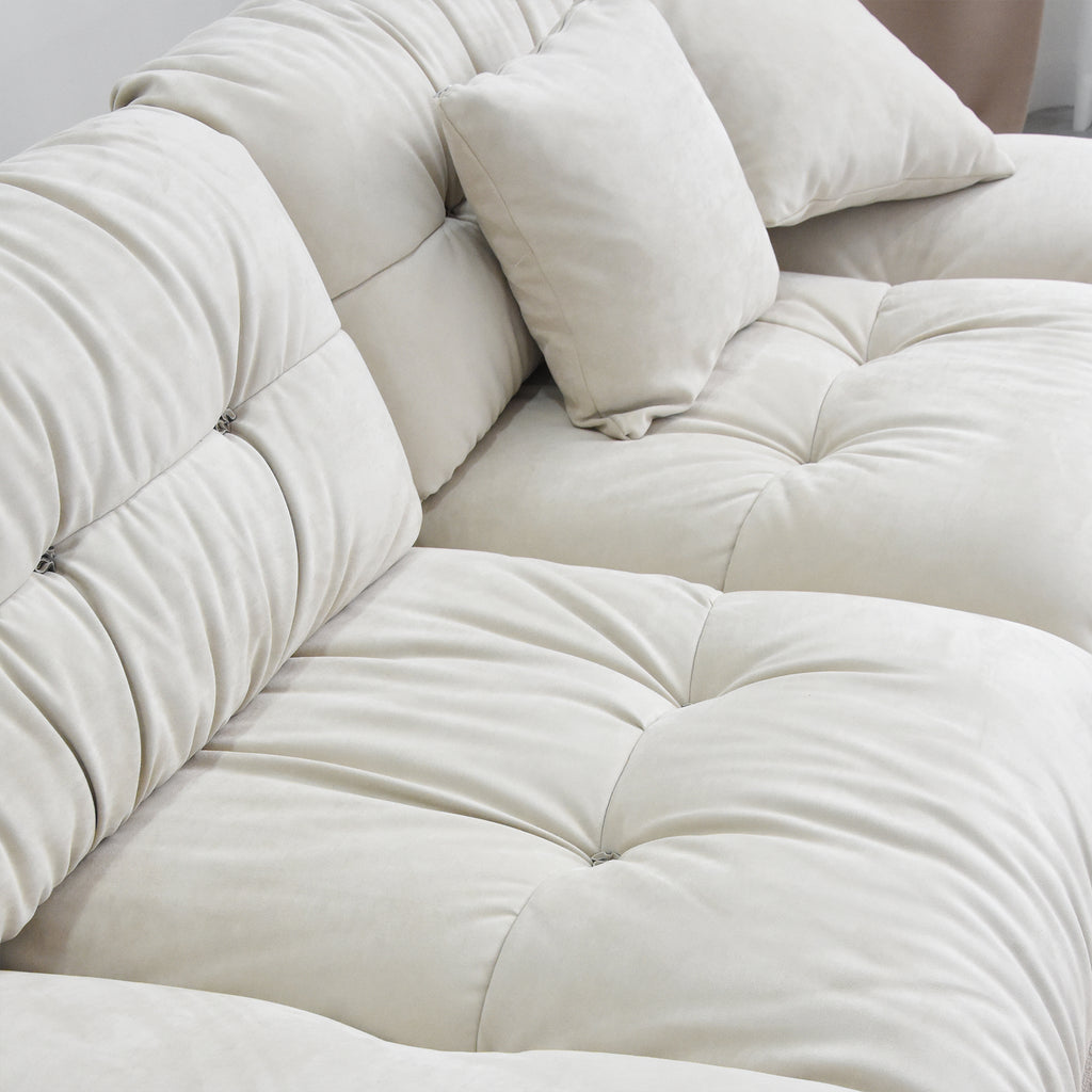 Close-up of a beige suede sofa