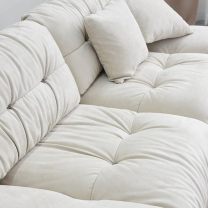 Close-up of a beige suede sofa