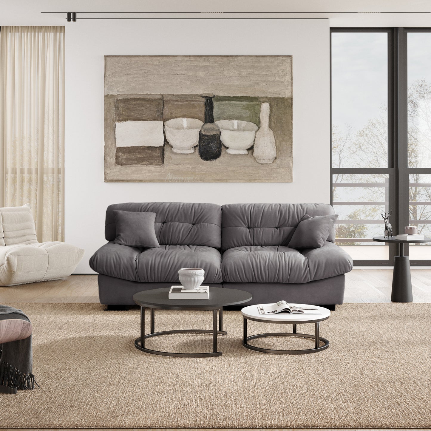 An 89-inch gray microfiber suede sofa in a cold lightning with a solid hardwood frame, presented in a living room setting with minimalistic decor.