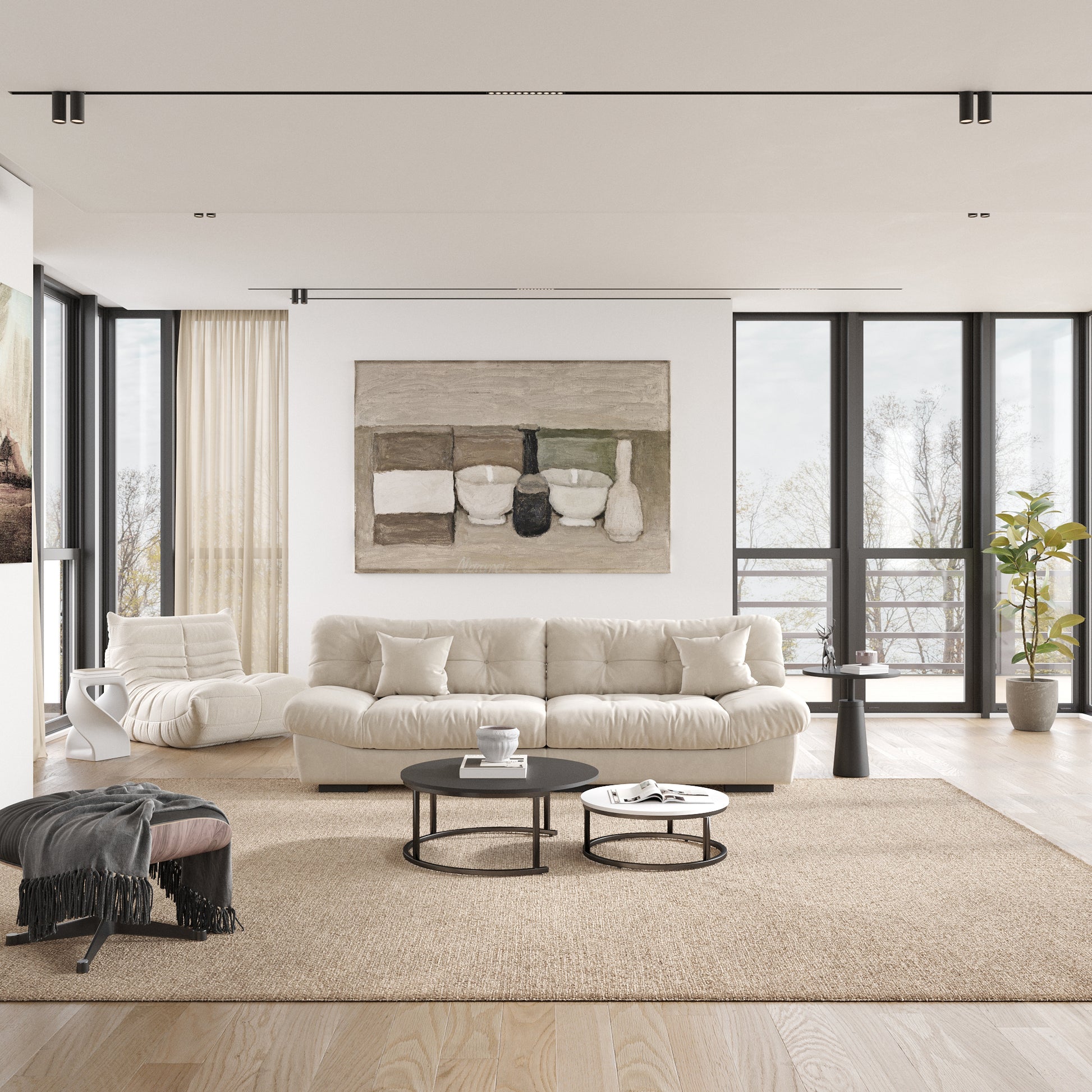 A beige microfiber suede sofa in a cold lightning with splitable seats placed in a room with minimalistic decor