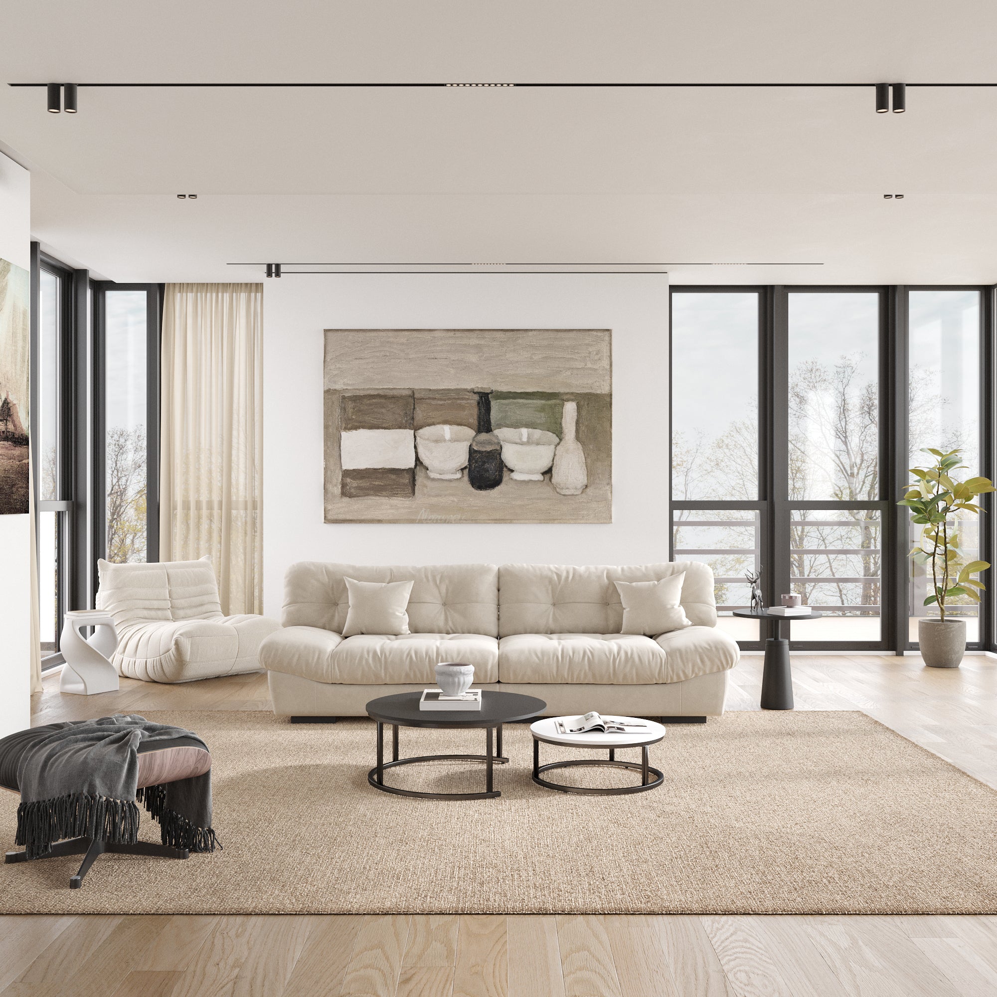 A beige microfiber suede sofa in a cold lightning with splitable seats placed in a room with minimalistic decor