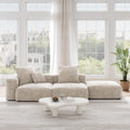 A beige corduroy 2-seater open end sectional with washable covers and detachable armrests.