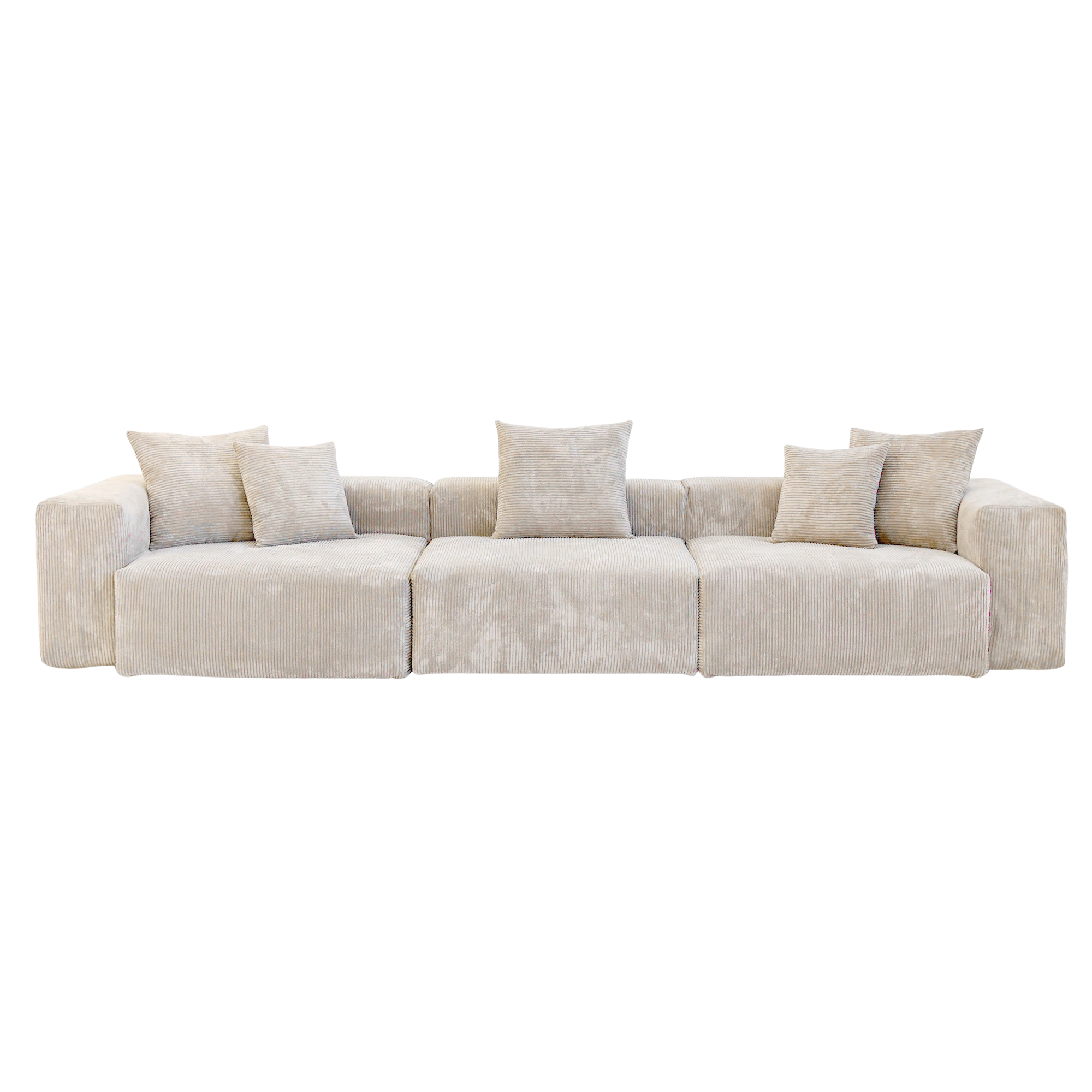 Beige sectional 3-seat sofa with cushions on a white background