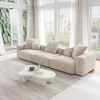 A beige corduroy sectional 3-seat sofa with detachable armrests and removable covers, pet-friendly, displayed in a bright living space.