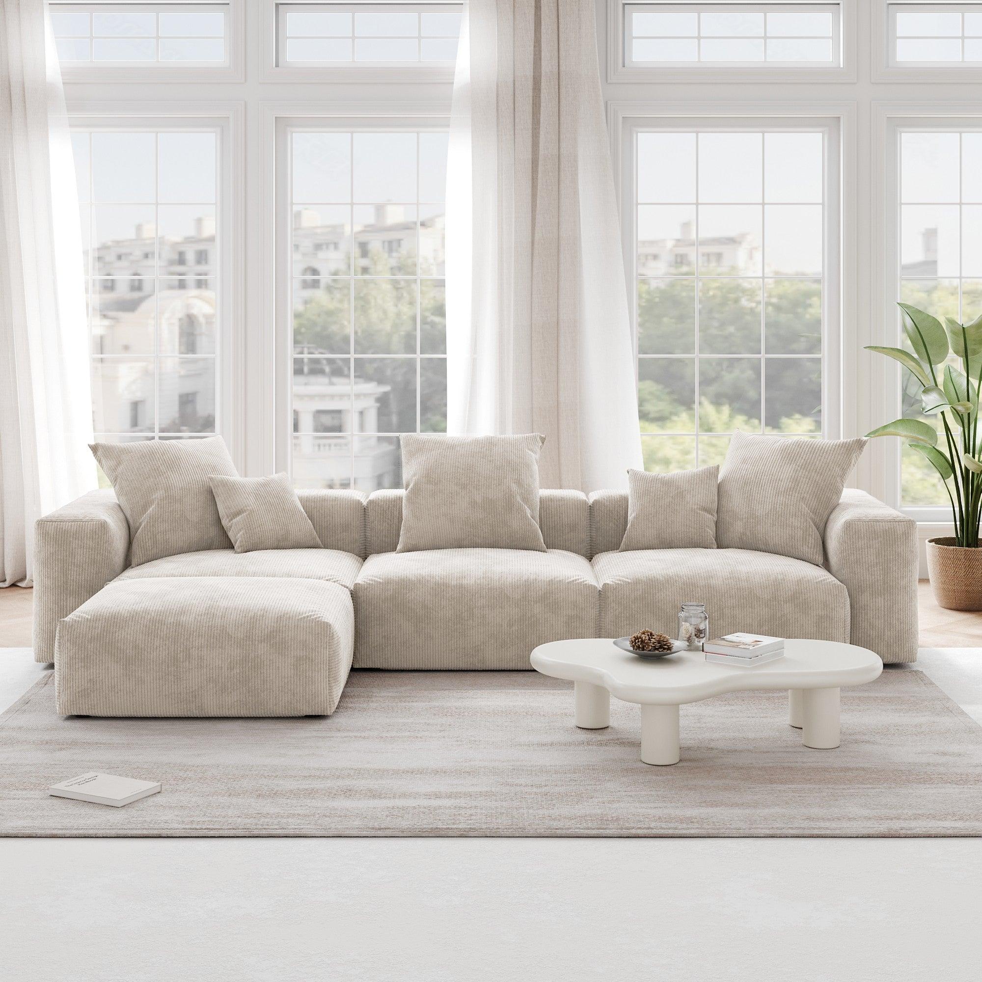 A beige L-shaped corduroy modular sofa with detachable armrests and removable covers, pet-friendly, displayed in a bright living space.