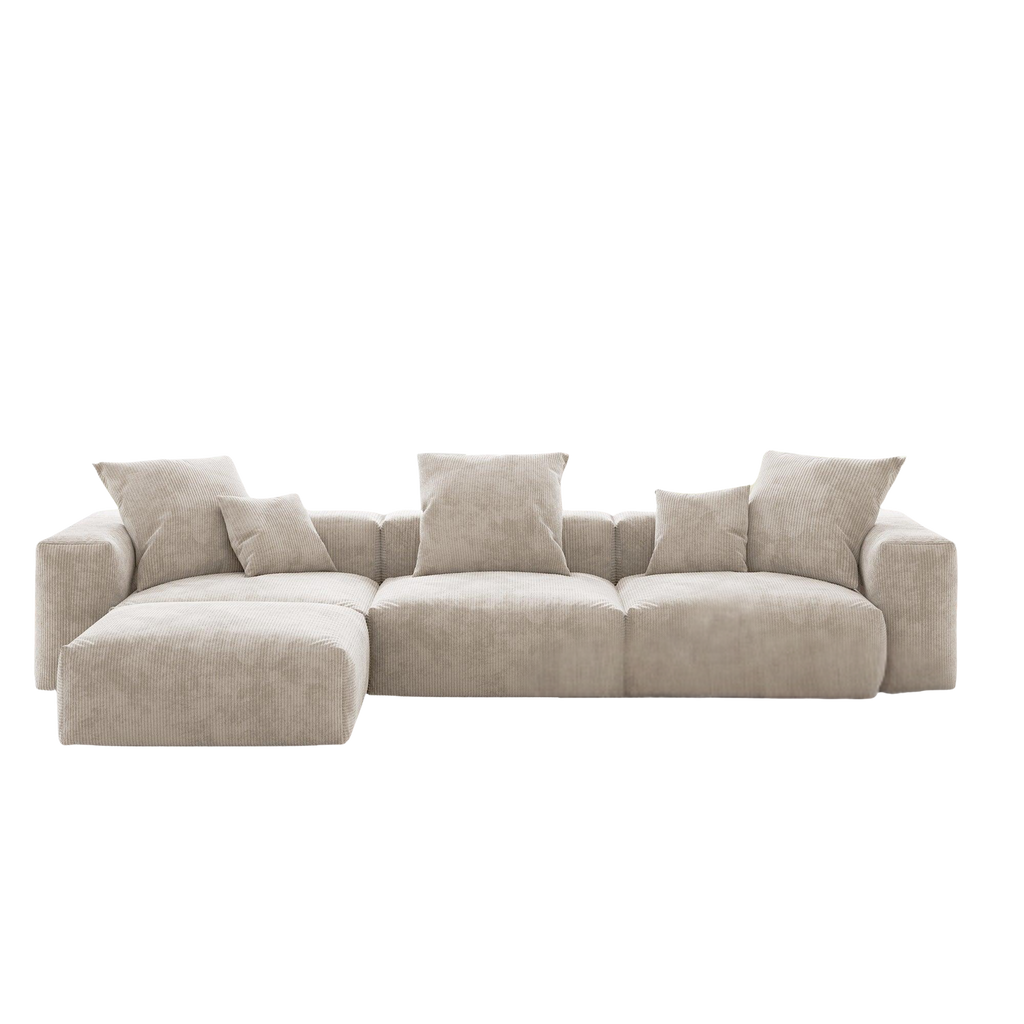 Beige sectional L-shaped sofa with cushions on a white background