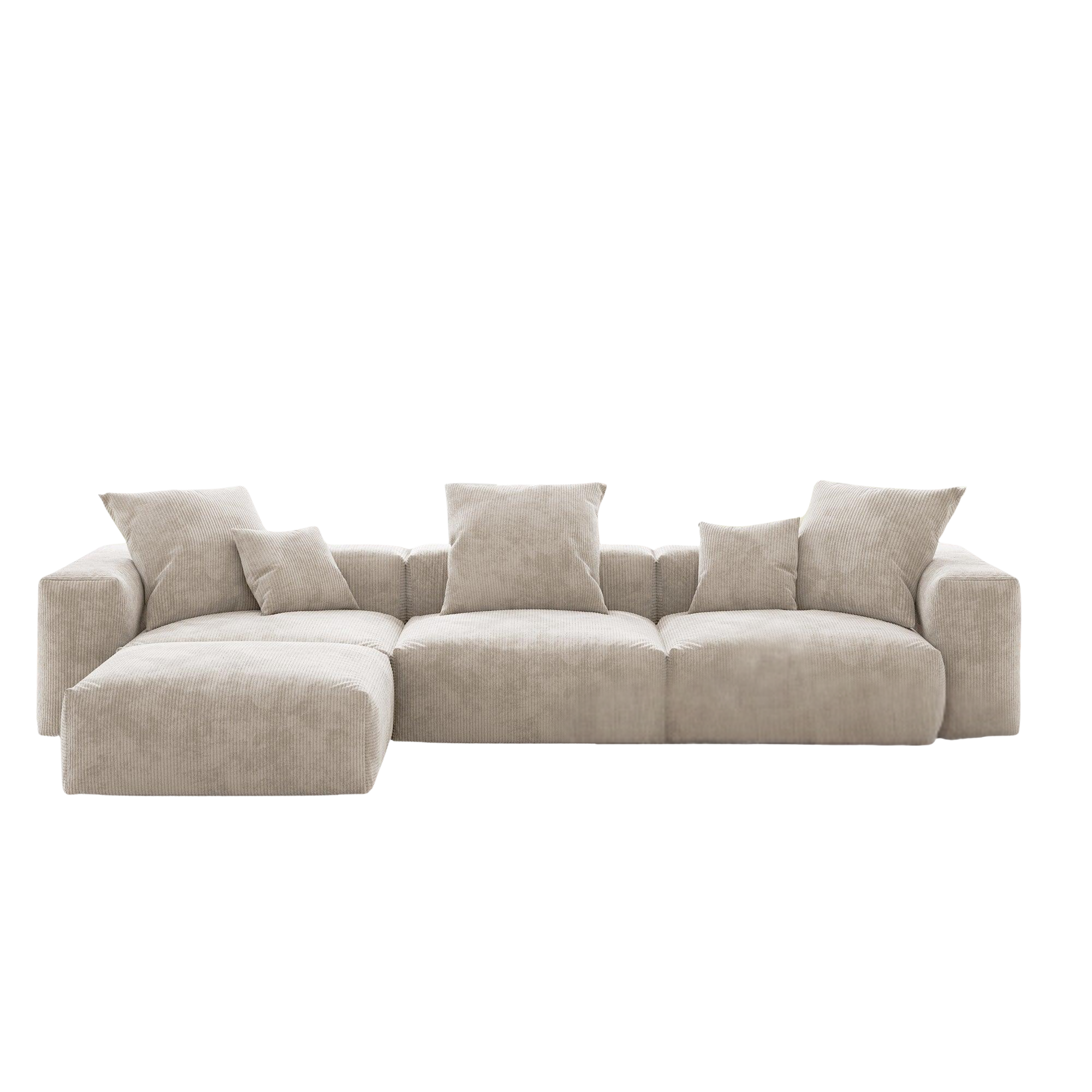 Beige sectional L-shaped sofa with cushions on a white background