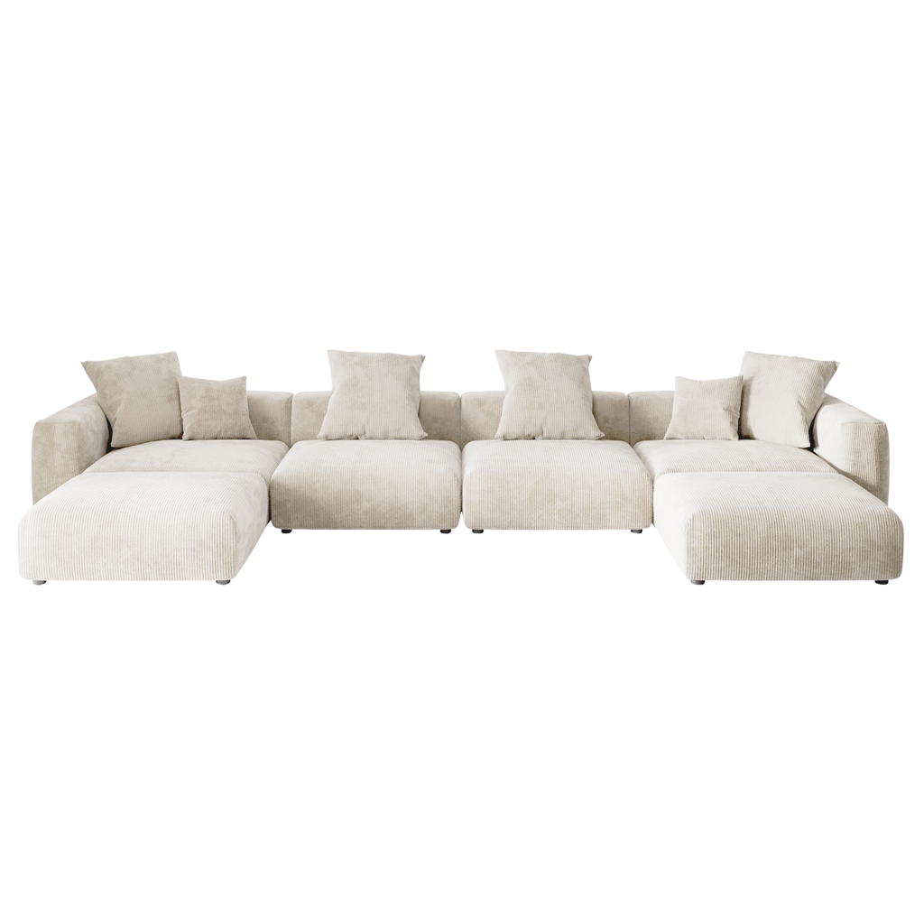 Beige sectional U-shaped sofa with multiple cushions on a white background