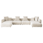 Beige sectional U-shaped sofa with multiple cushions on a white background