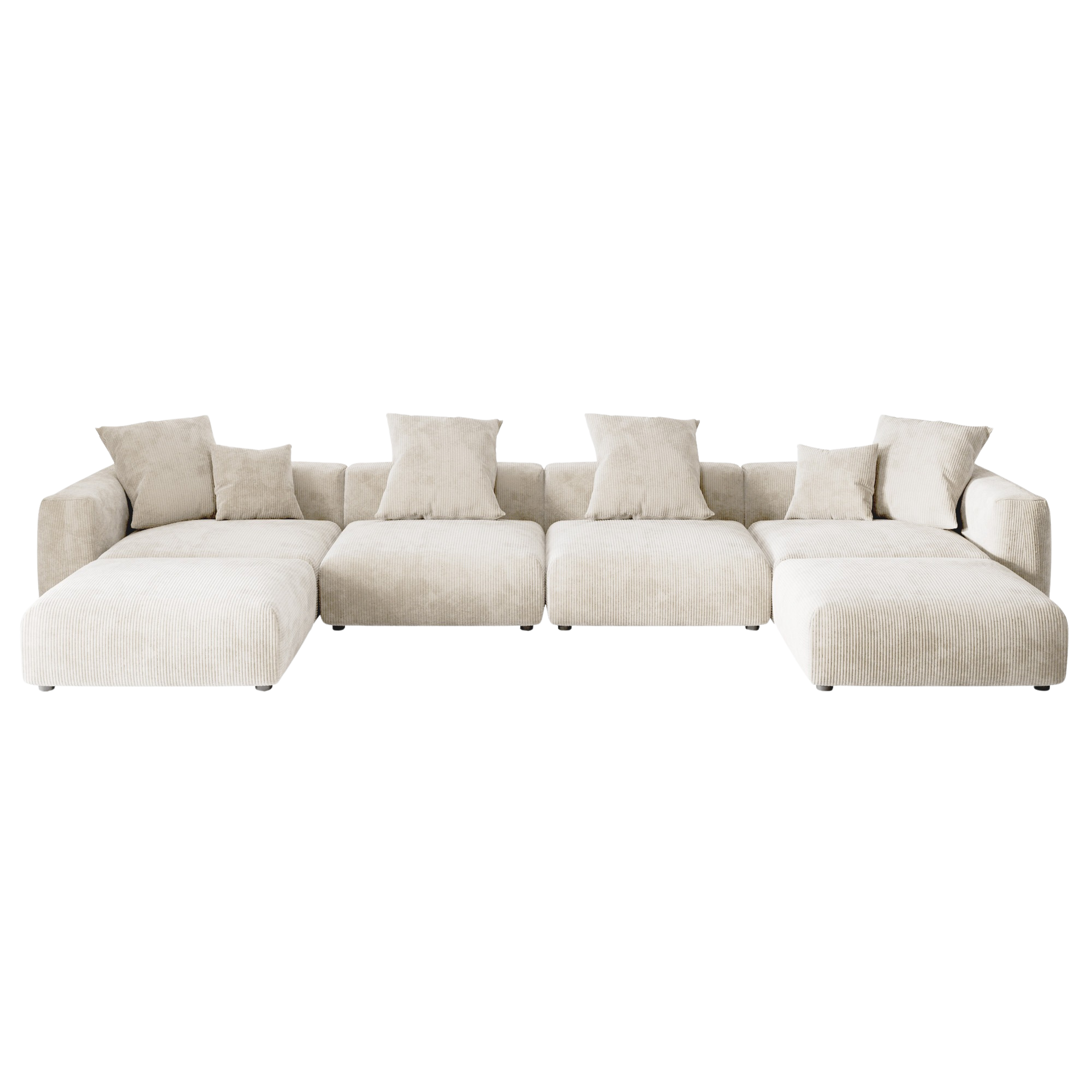 Beige sectional U-shaped sofa with multiple cushions on a white background