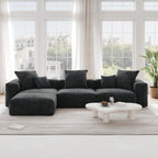 A black L-shaped corduroy modular sofa with detachable armrests and removable covers, pet-friendly, displayed in a bright living space.