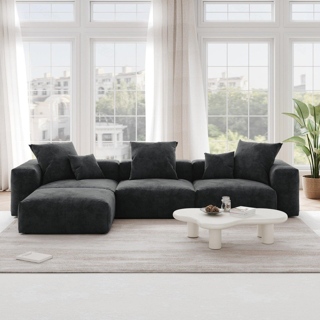 A black modular corduroy 3-seater L-shaped sectional with washable covers
