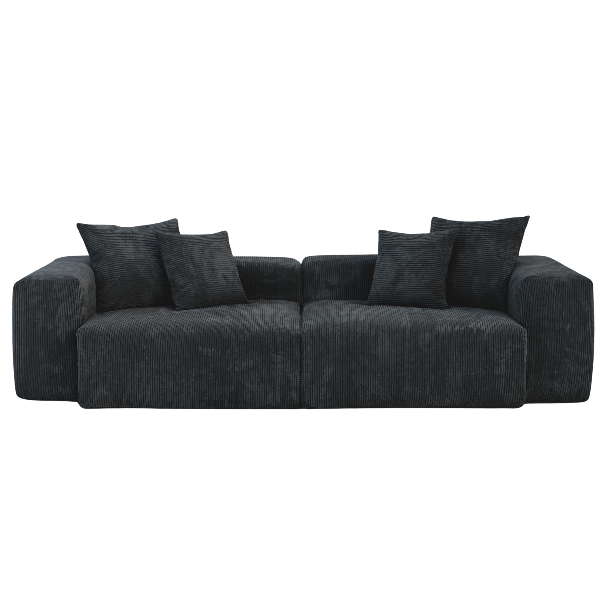 Black loveseat sectional sofa with cushions on a white background