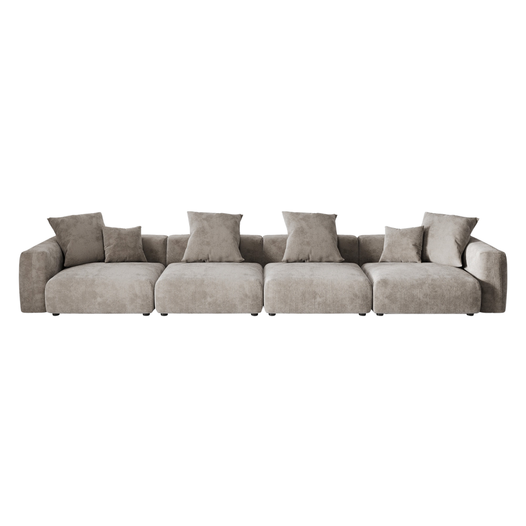 Brown 4-seat sectional sofa with multiple cushions on a white background