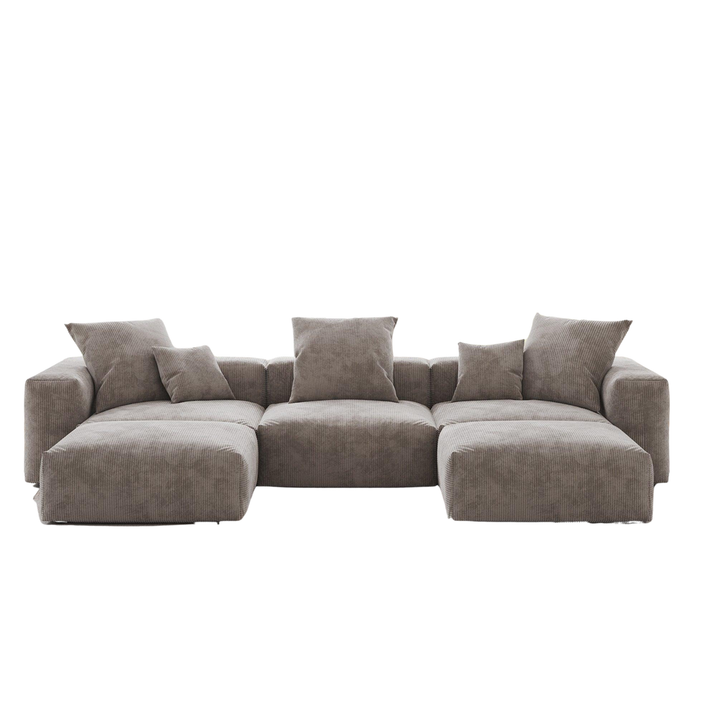 Brown U-shaped sectional sofa with multiple cushions on a white background