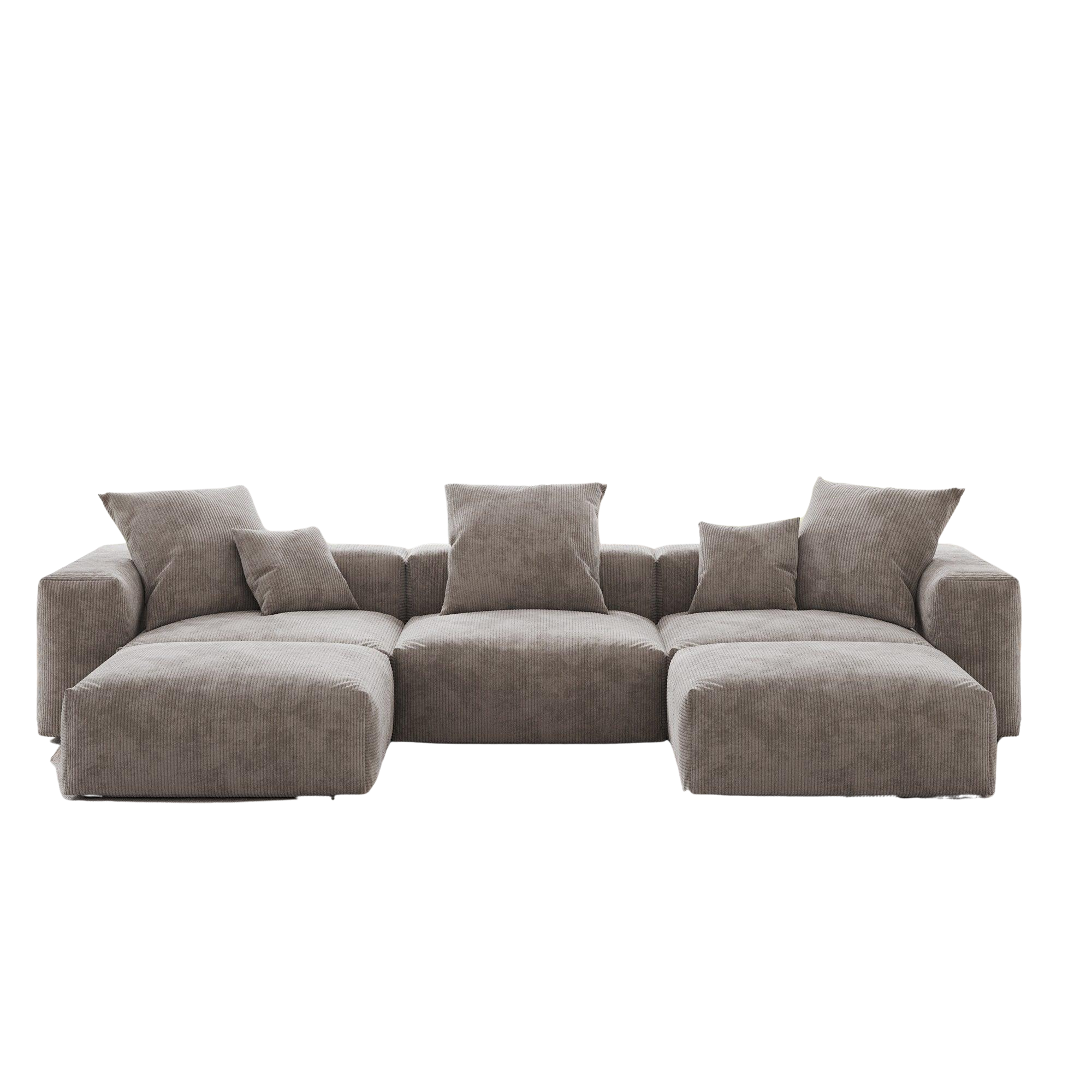 Brown U-shaped sectional sofa with multiple cushions on a white background