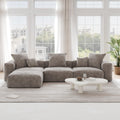 A brown L-shaped corduroy modular sofa with detachable armrests and removable covers, pet-friendly, displayed in a bright living space.