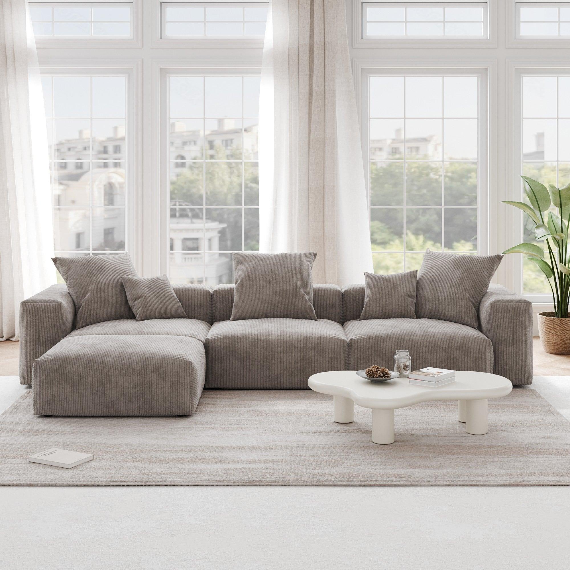 A brown L-shaped corduroy modular sofa with detachable armrests and removable covers, pet-friendly, displayed in a bright living space.