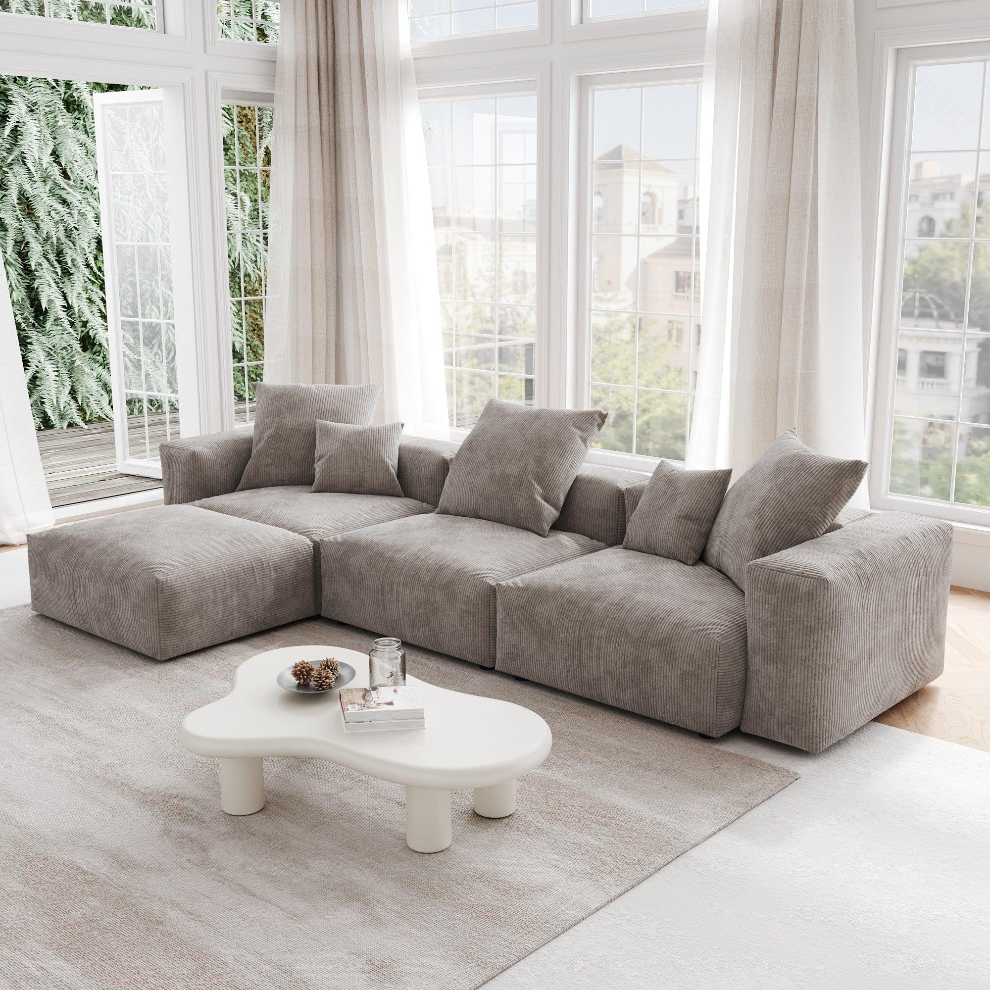 A brown L-shaped corduroy modular sofa with detachable armrests and removable covers, pet-friendly, displayed in a bright living space.