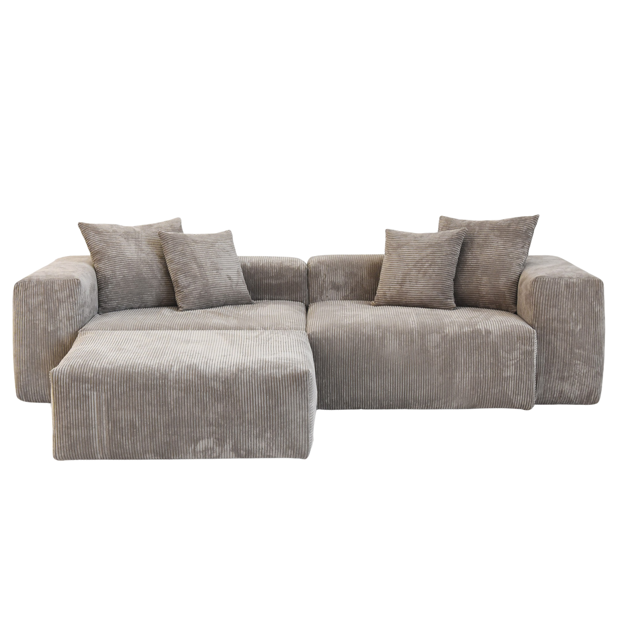 Brown sectional loveseat sofa with ottoman and cushions on a white background