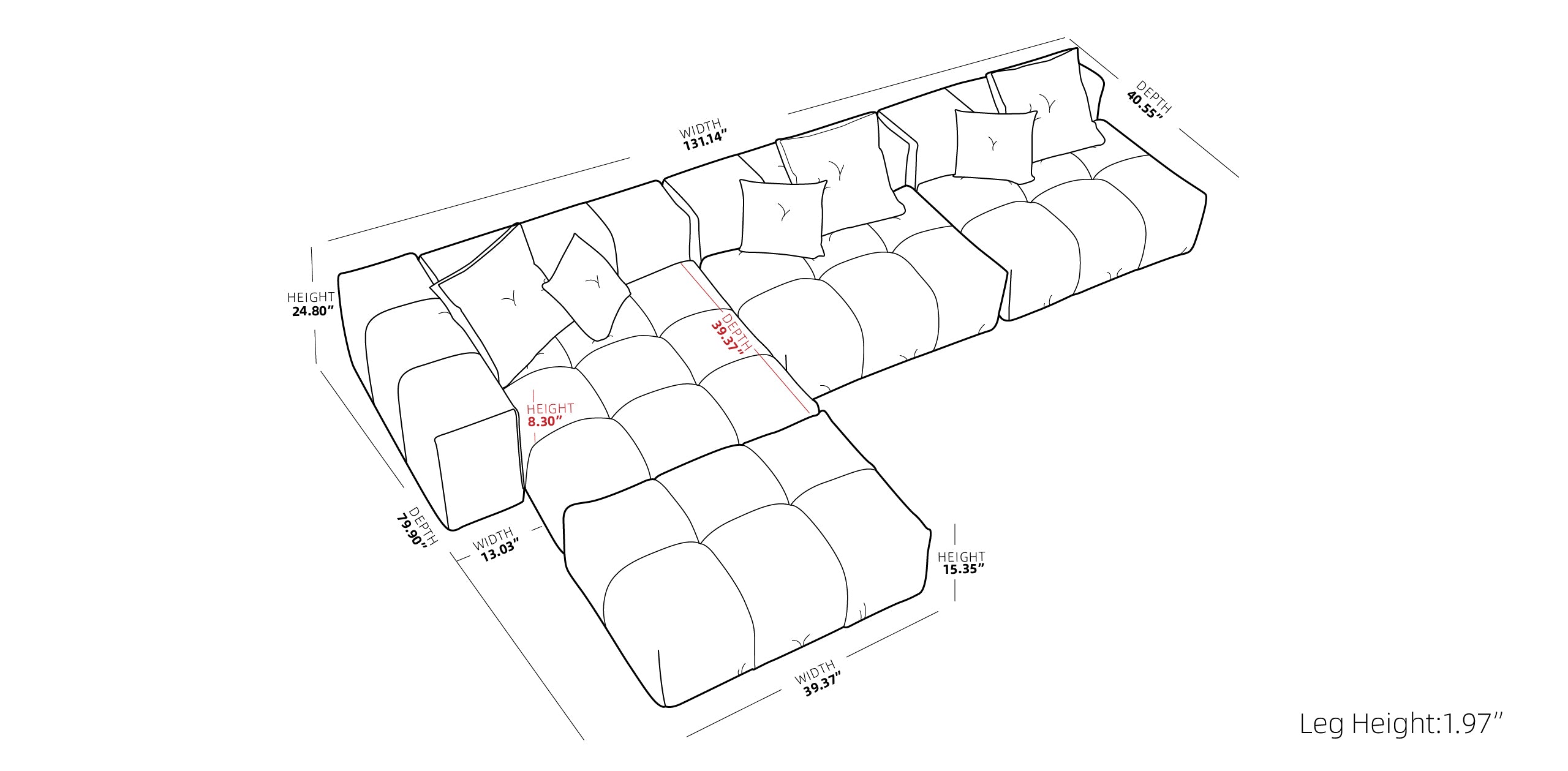 Image of dimensions for L-shaped Strata Modular sofa