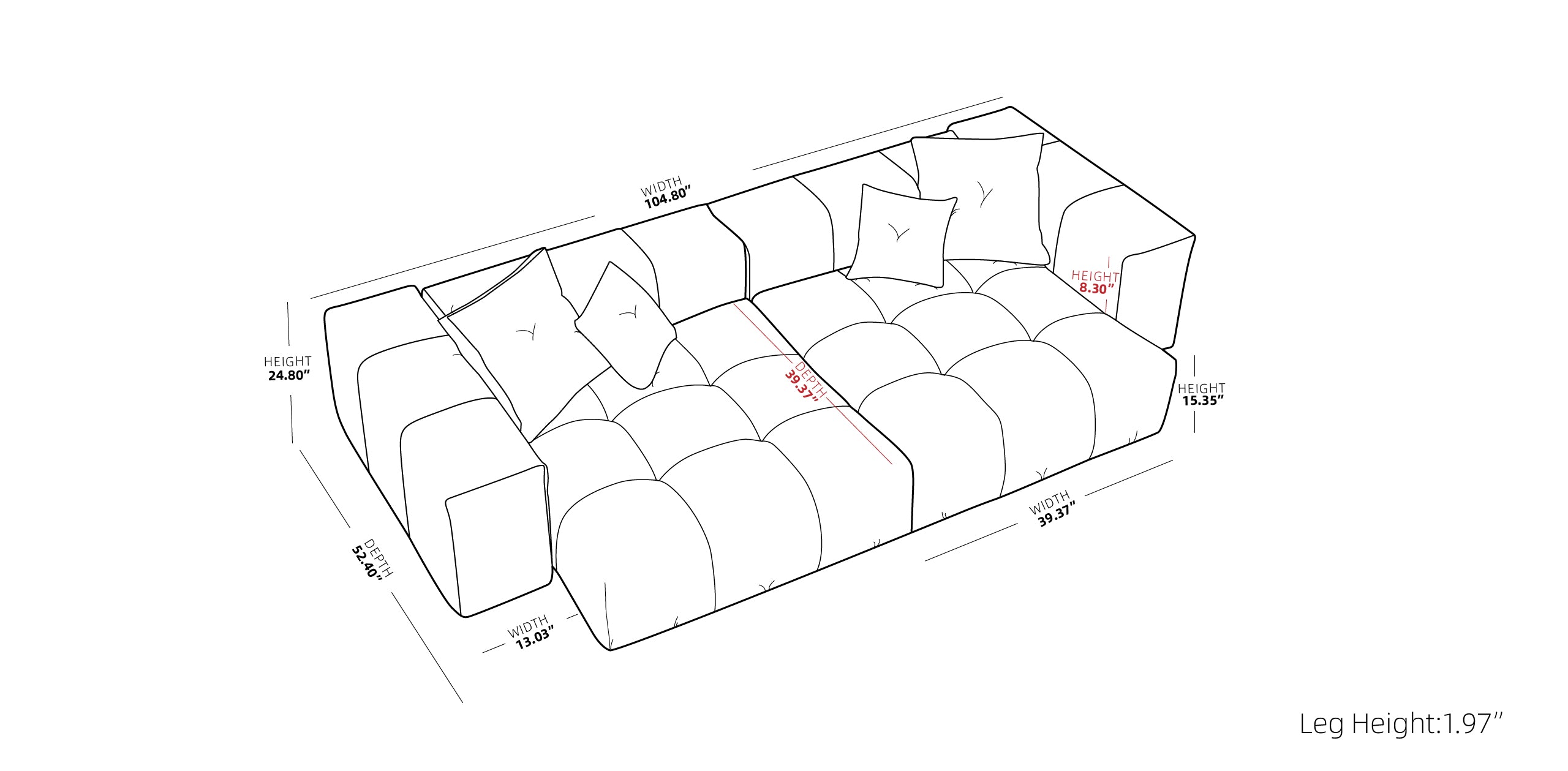 Image of dimensions for loveseat with armrests Strata Modular sofa
