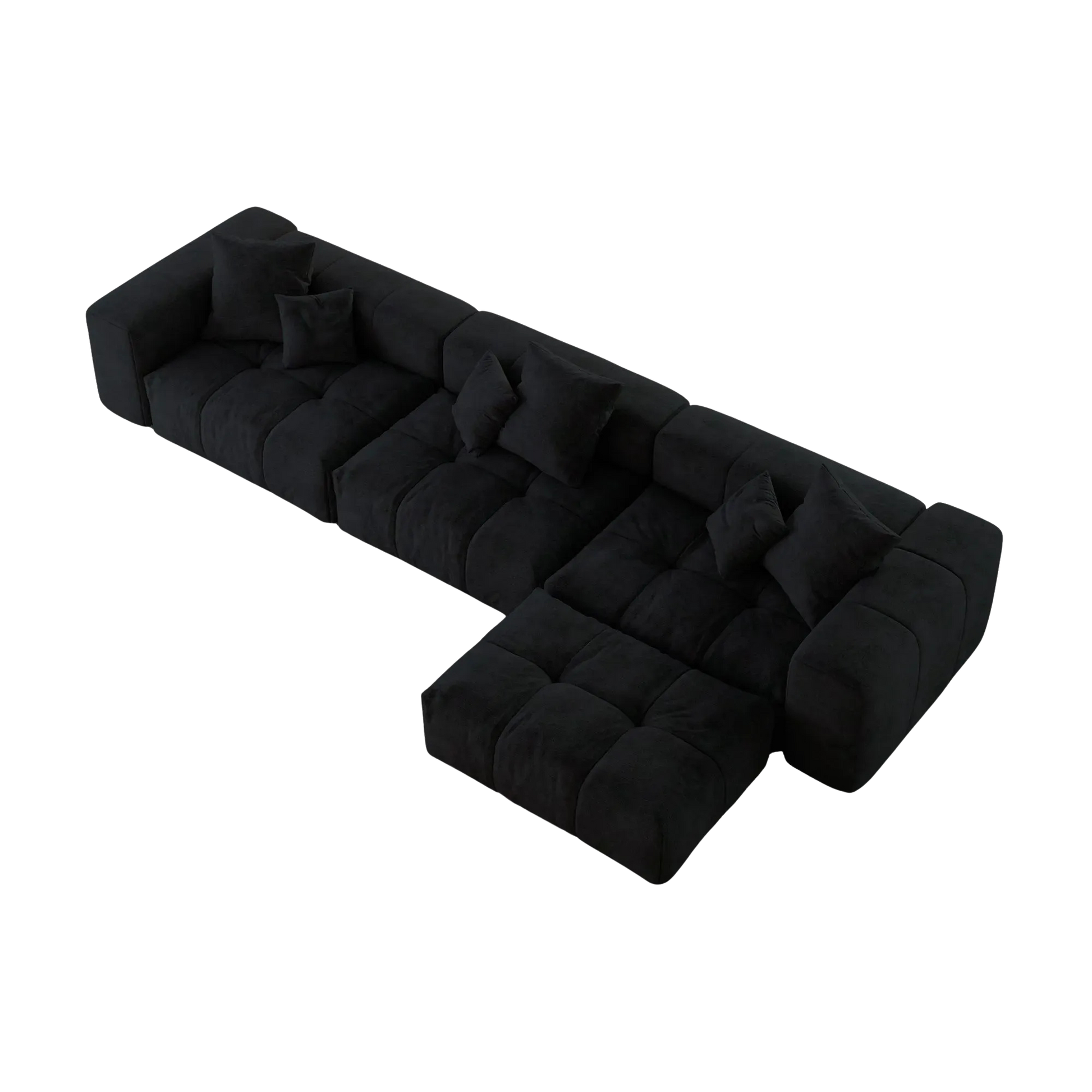 Black L-shaped sofa with a unique design on a white background