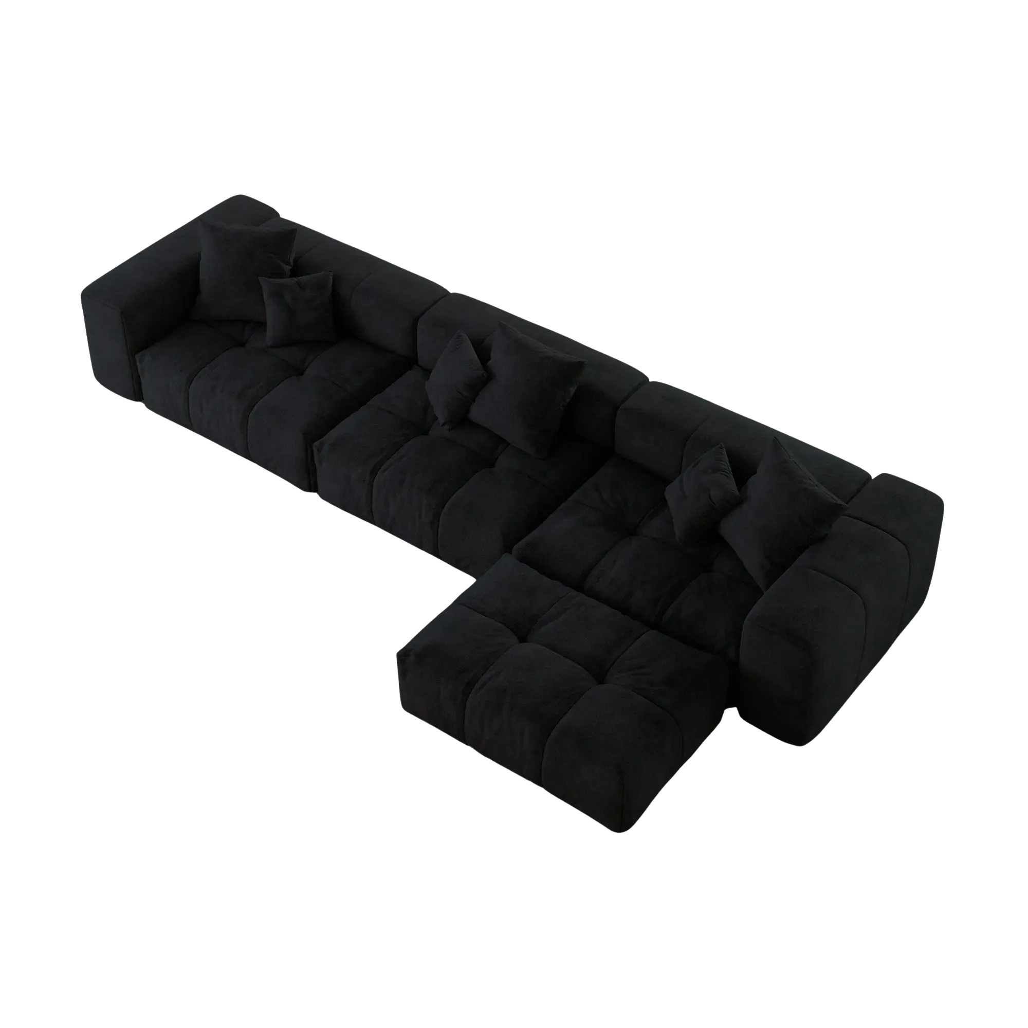 Black L-shaped sofa with a unique design on a white background