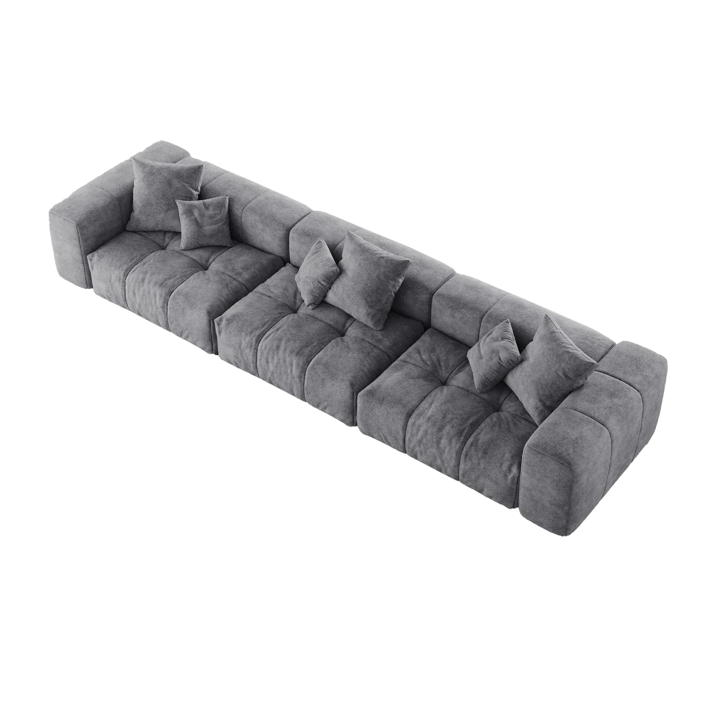 Gray modular 3-seat sofa with multiple cushions on a white background
