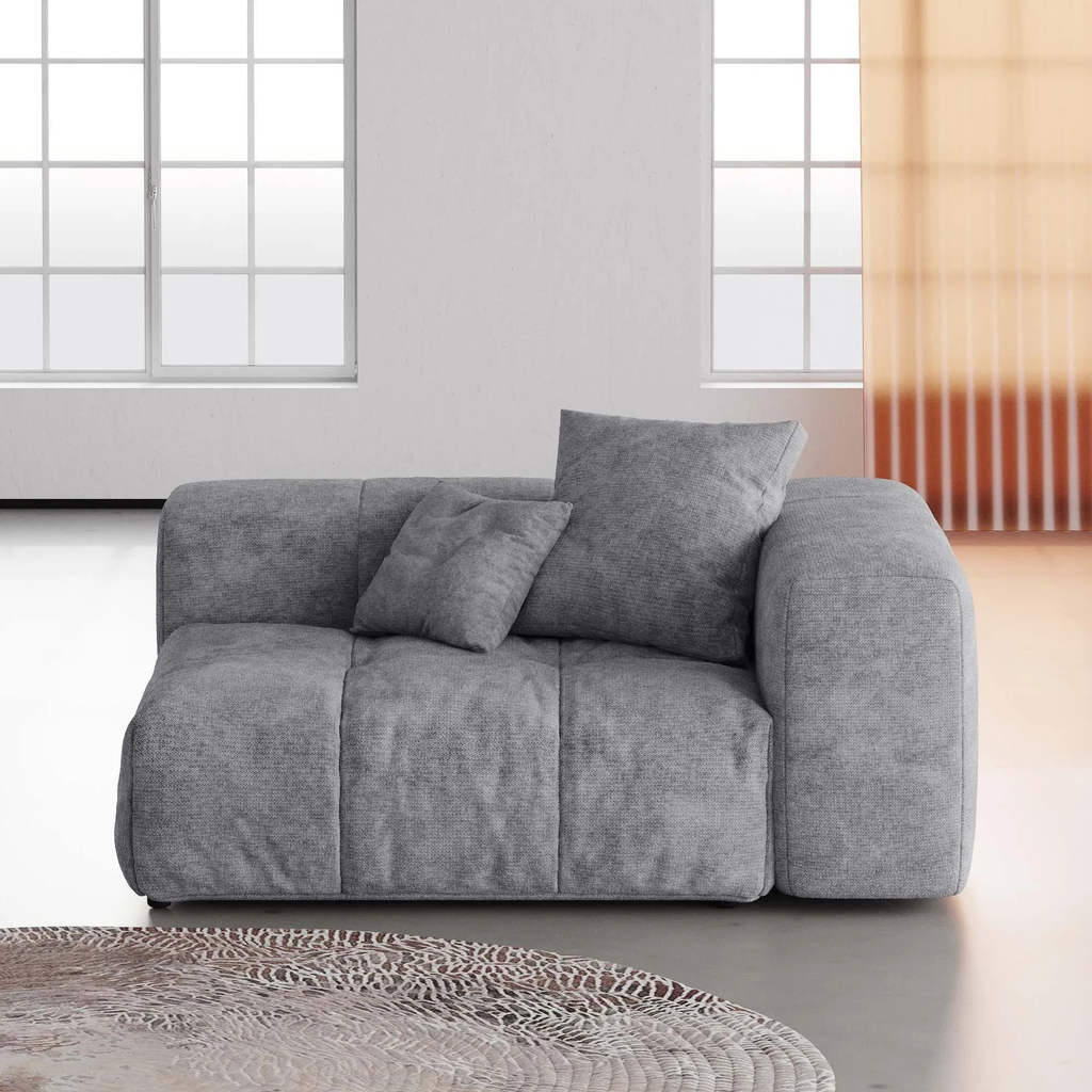 Gray linen left end chair with cushions in a modern living room setting