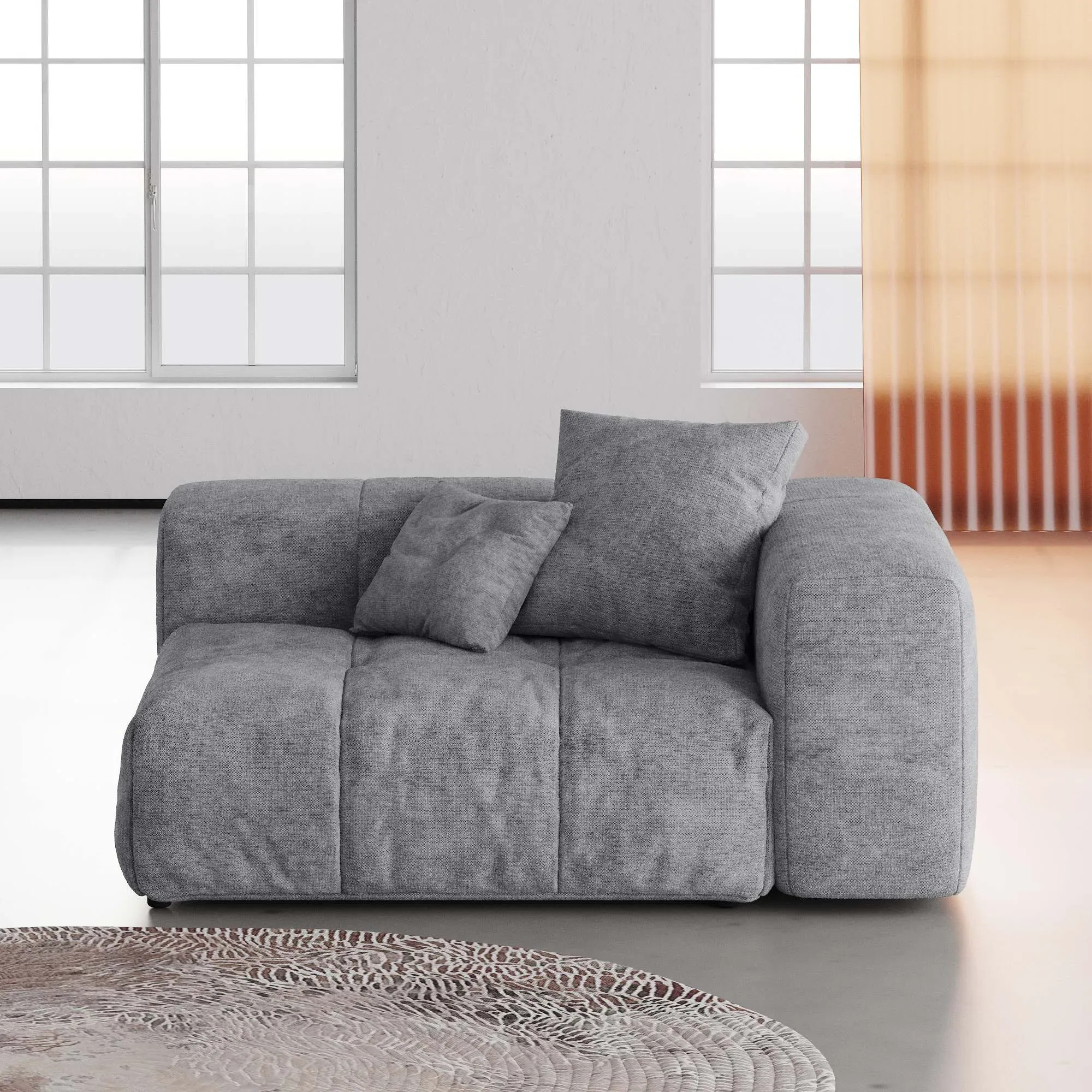 Gray linen left end chair with cushions in a modern living room setting