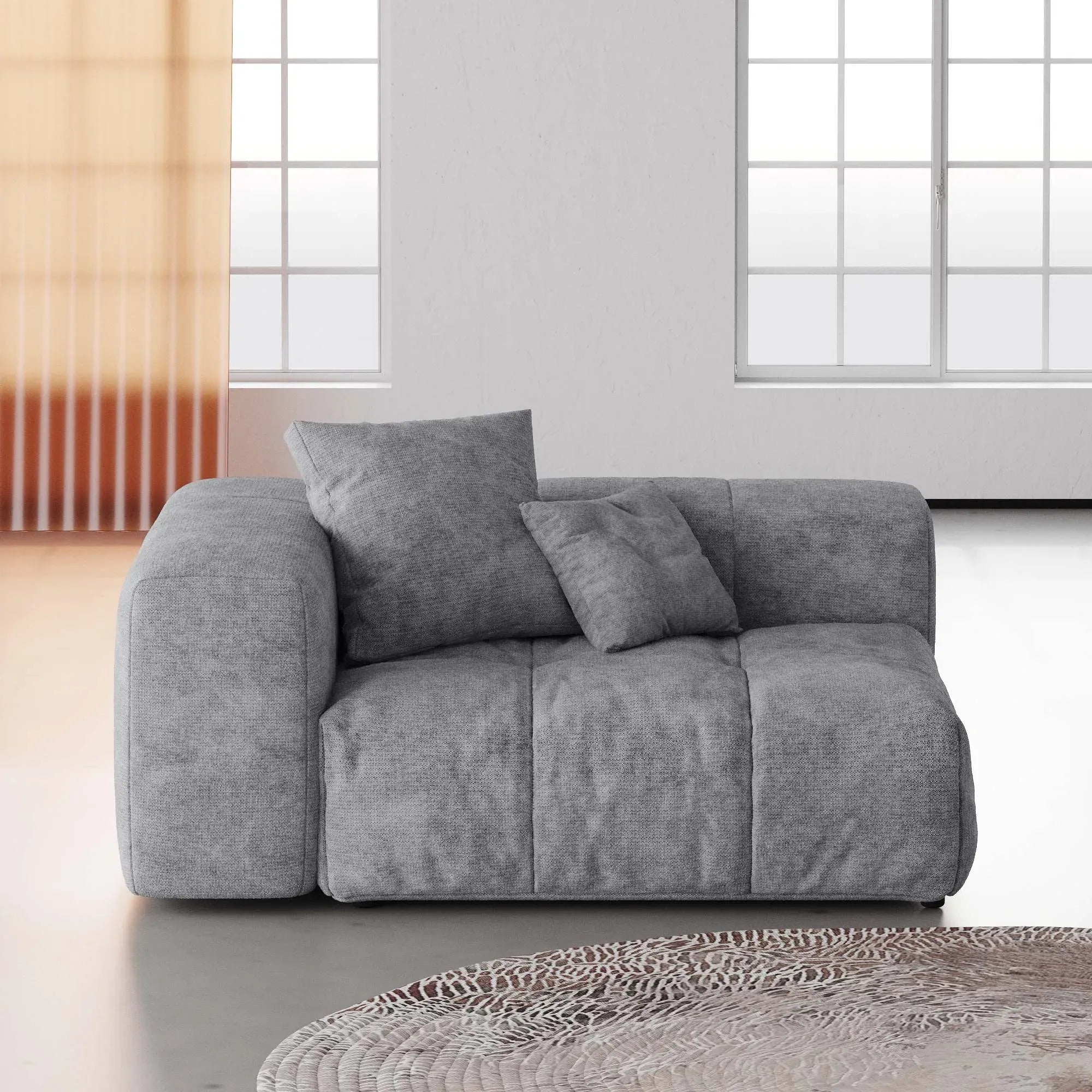 Gray linen right end chair with cushions in a modern room setting