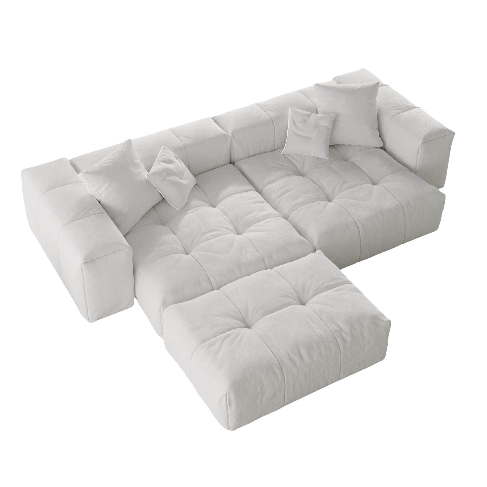 White loveseat sectional sofa with ottoman on a white background