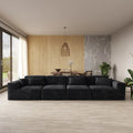 Black boneless cloud velvet 4-seater sofa, low-profile design.
