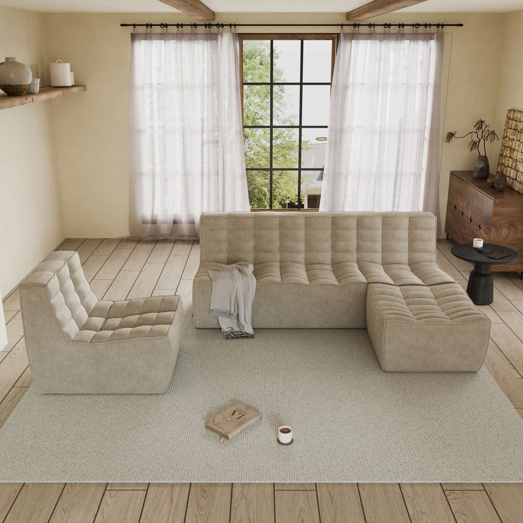 Set of a beige waffle 3-seater sofa, a beige waffle ottoman and a beige waffle armchair