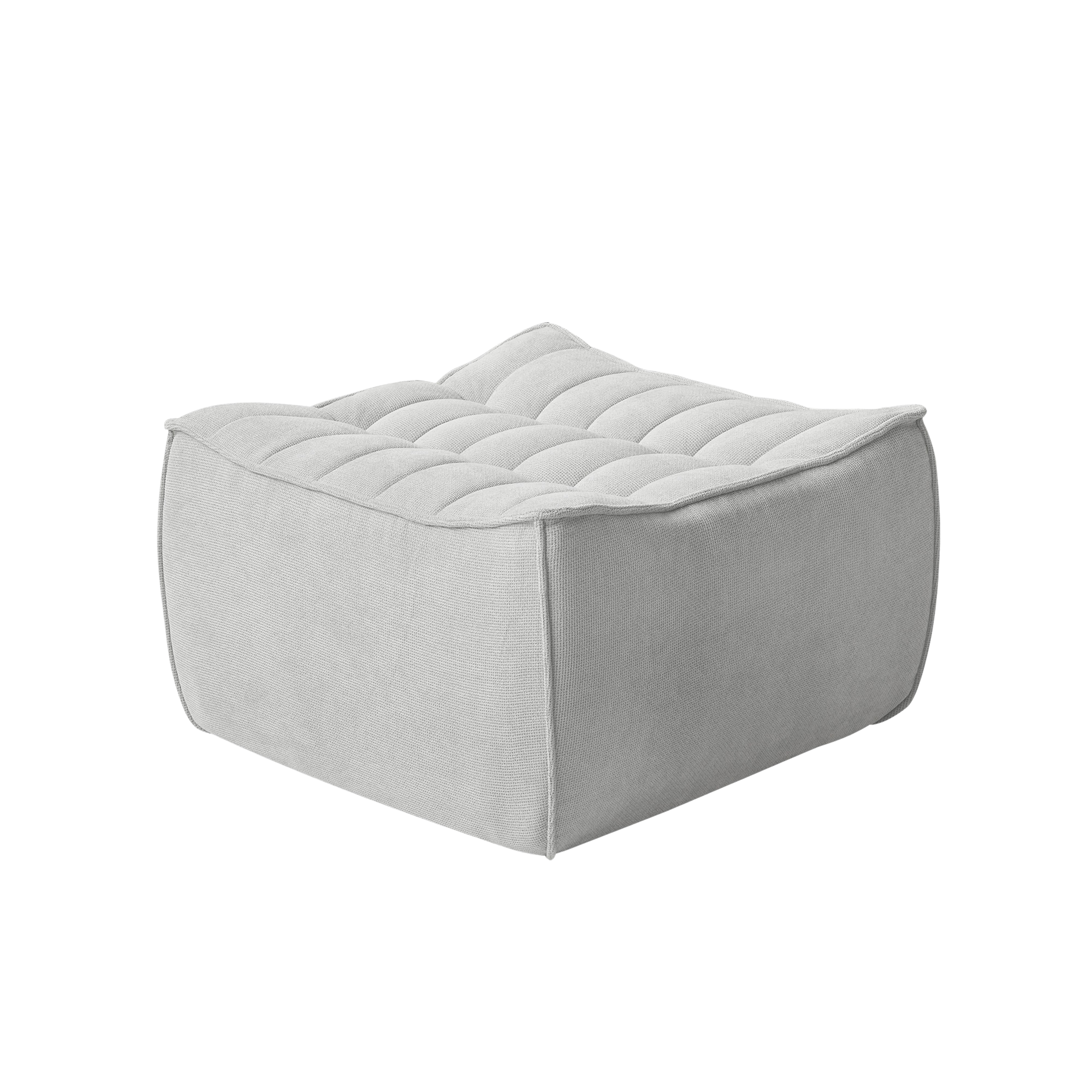 Light gray ottoman with tufted design on a white background