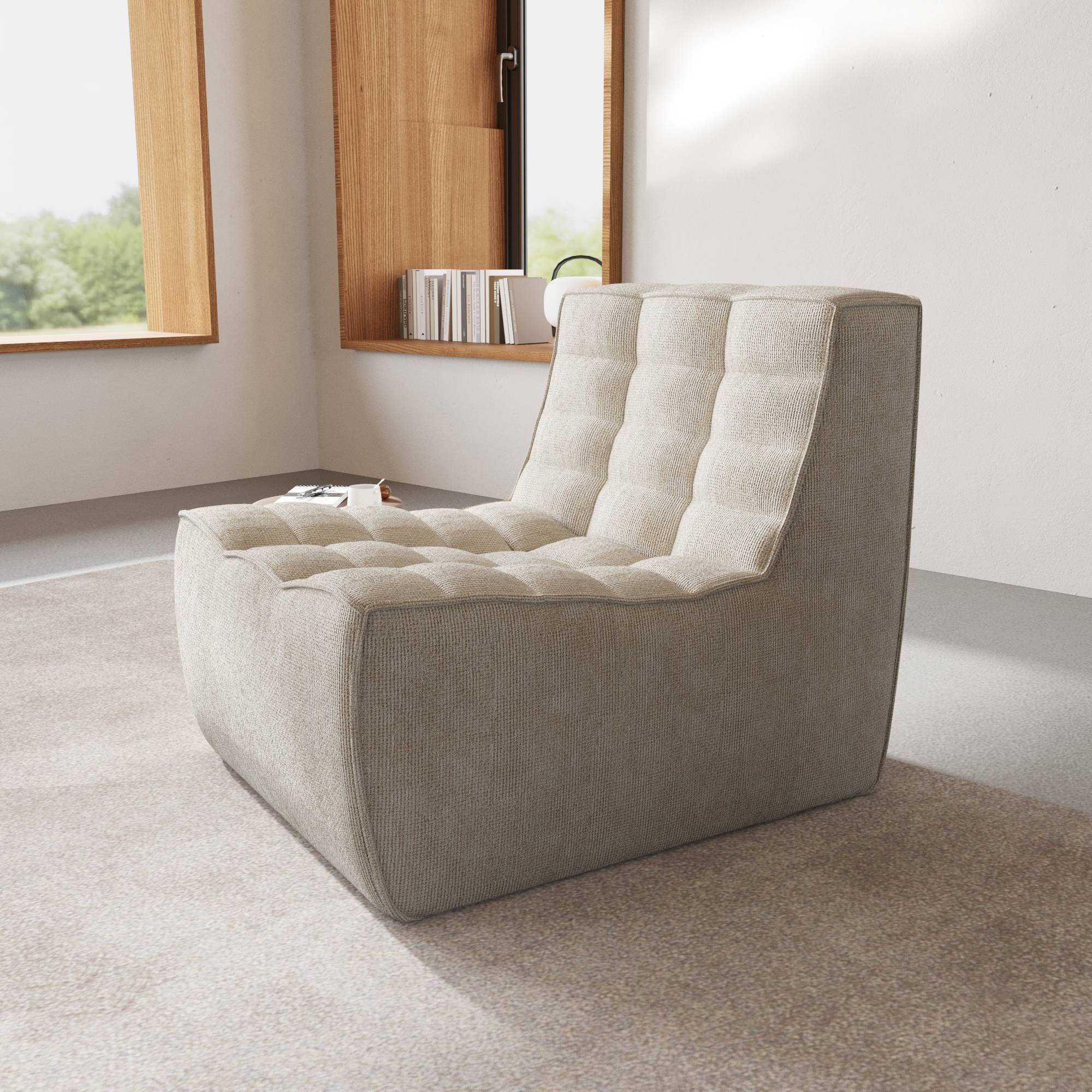 Khaki waffle style floor armchair  in a minimalistic room