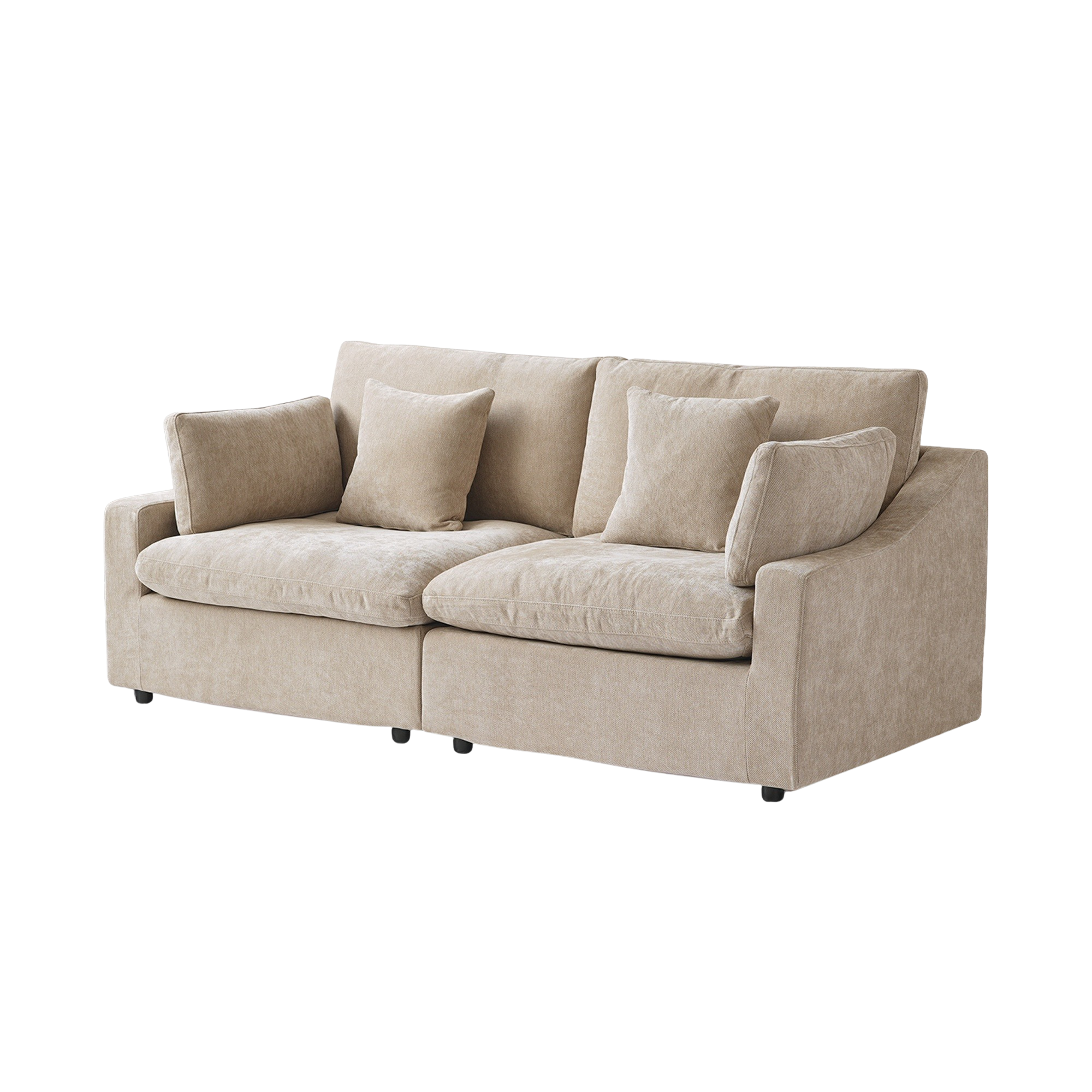 Beige sofa with four accent pillows on a white background