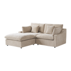 Beige sectional sofa with cushions on a white background