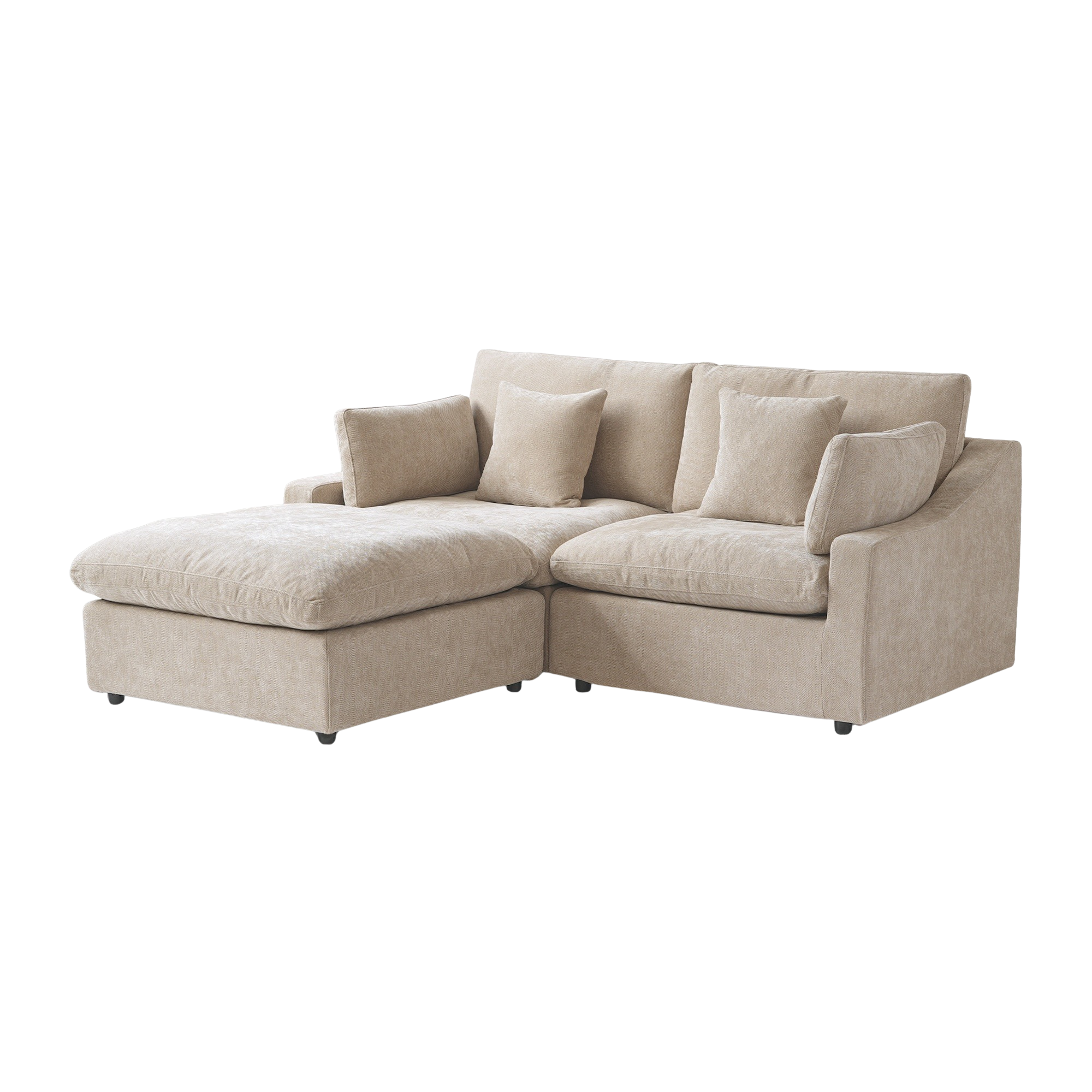 Beige sectional sofa with cushions on a white background