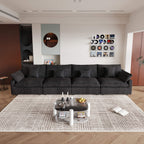 A black washable cloud sectional 4-seat sofa with removable cushions and pillow covers, arranged in a living room setting.
