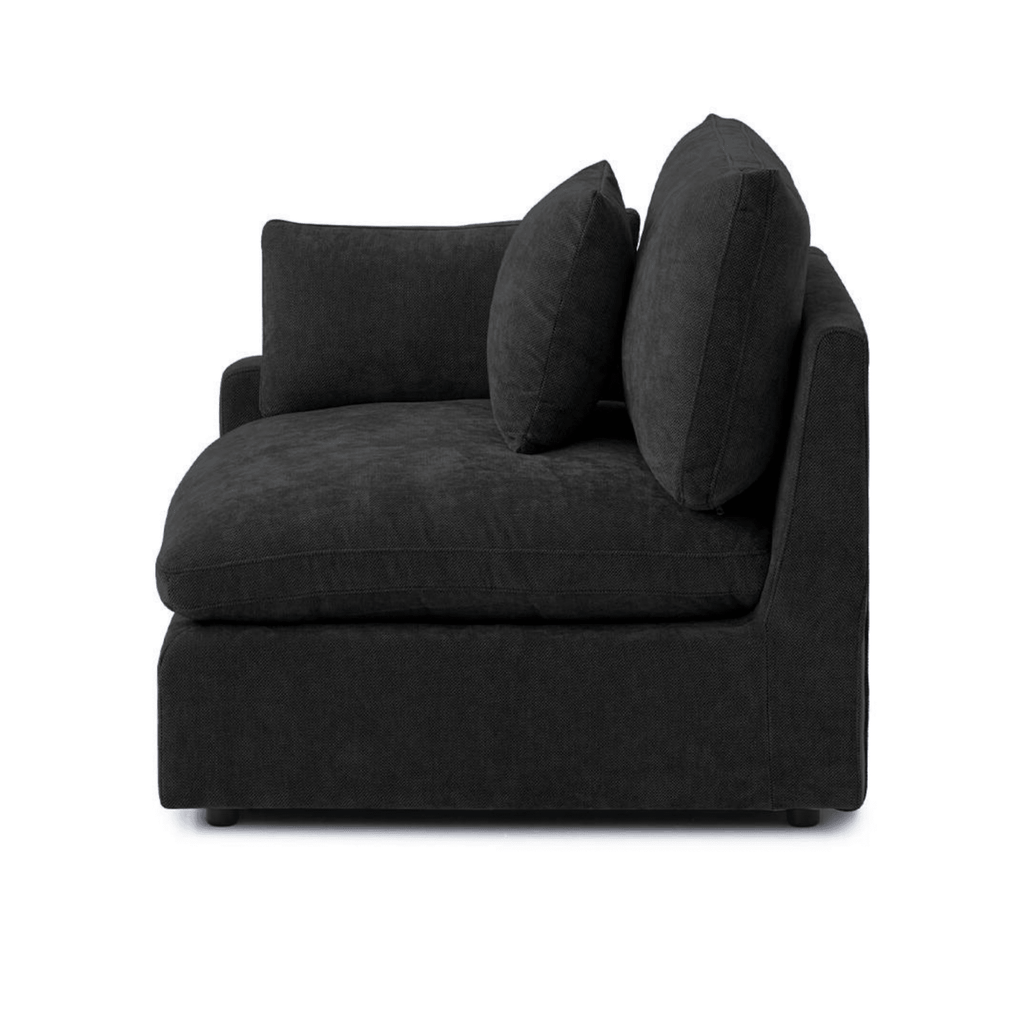 Black linen-cotton right end-chair with washable covers and slope arm.