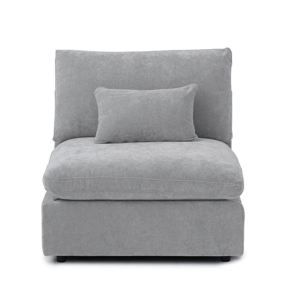 Gray linen-cotton armless chair with replaceable washable covers and accent pillow.