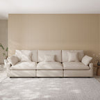 Khaki 3-seater sofa in a room with striped wallpaper