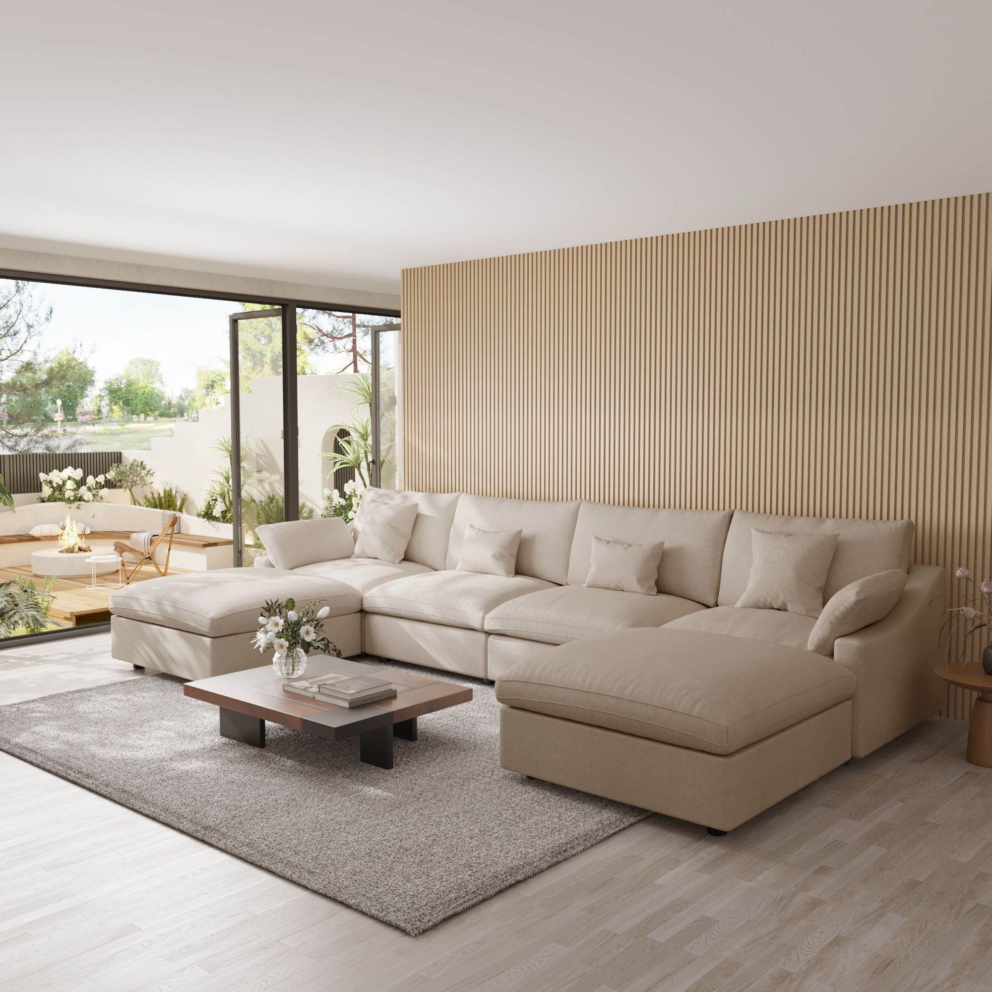 Khaki 4-seater U-shape sectional with washable covers and accent pillows, slope arms design