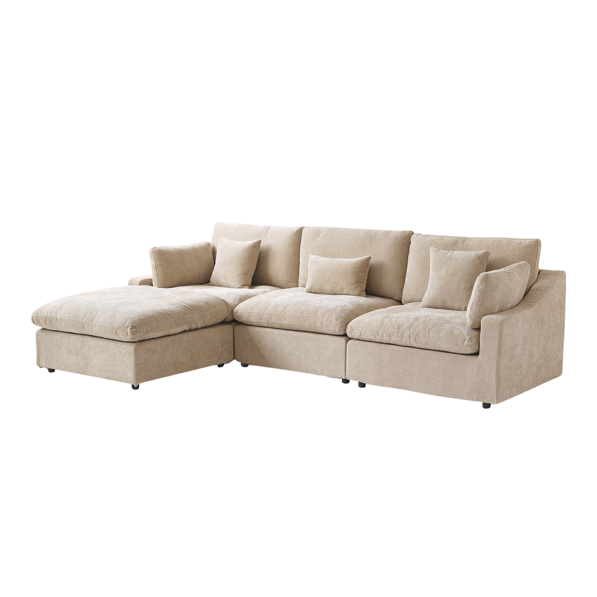 Khaki L-shaped sectional sofa with chaise on a white background